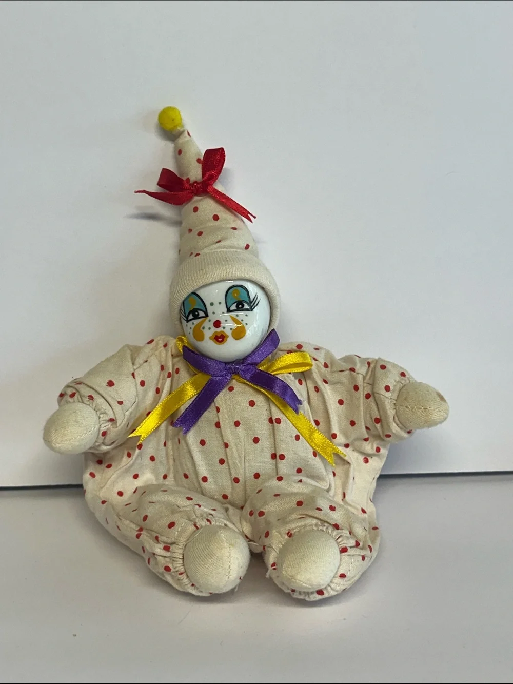 Polka Dot Clown Plush Toy with Yellow & Purple Ribbon